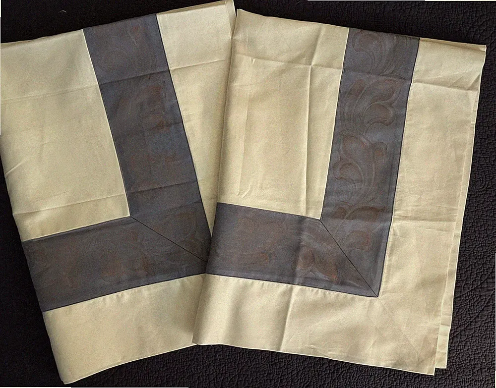 Frette Blue Jacquard Border Italy Cotton Standard/Queen Shams Cream Sateen Set-2